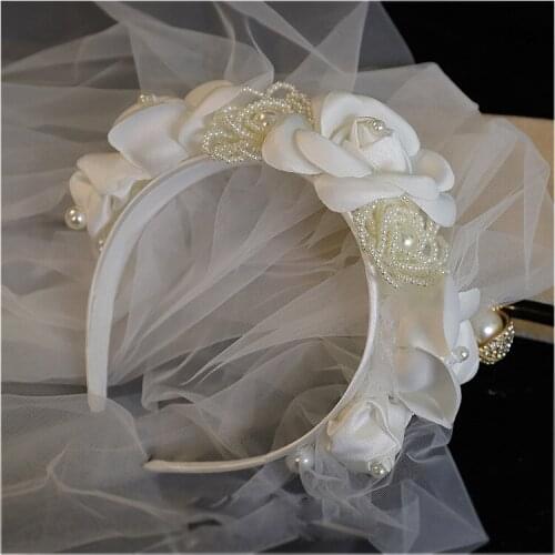 New Elegant Flowers Headband Fluffy Veil Super Fairy flower pearl hairbands Bride Retro Style Wedding hair Accessories