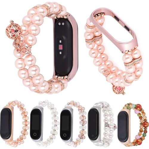 Diamond Pearls Watch Band Stretch Strap for Xiaomi Mi Band 4 3 Watch Strap Pink Replacement Bracelet Wriststrap with Cover