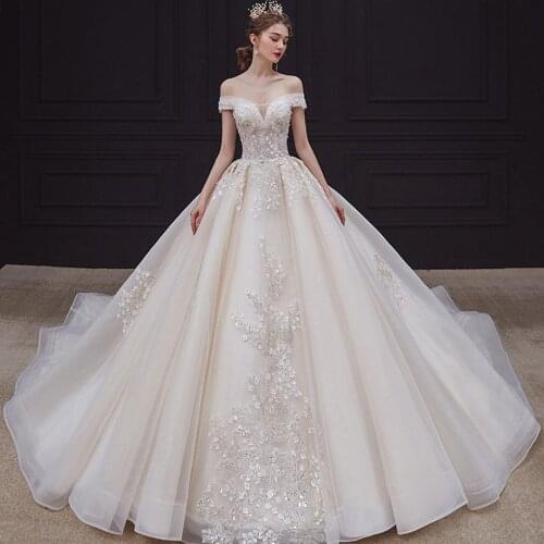 Robe De Mariee Princesse De Luxe Sweetheart Neck Short Sleeve Flowers Beading Crystal Shiny Princess Ball Gown Wedding Dress