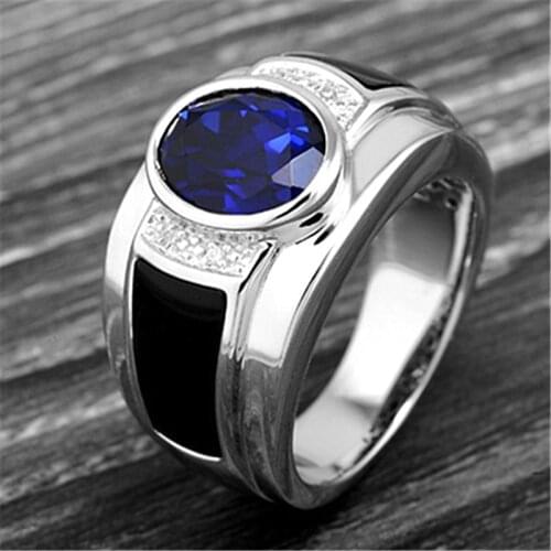 Luxury Silver Plated Crystal Wedding Ring Cocktail Party Blue Gems Zircon Men Ring Anniversary Jewelry Lovers Gift Accessories