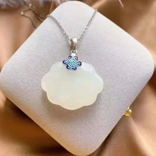 S925 Sterling Silver Gilding Natural Hetian Jade Chinese Knot Pendant Blue Craft Chinese Style Retro Ethnic Style Jewelry