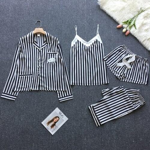 Sexy Silk Satin Robe+Gown+Pyjama Set 4 Pieces Lace Bathrobe Nightdress Sleepwear Set Summer Spring Nightwear For Women