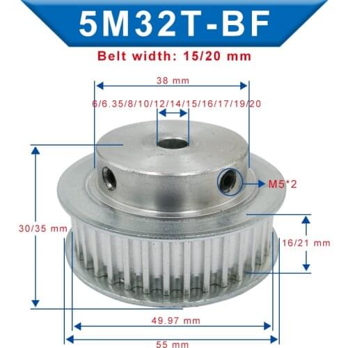 Timing Pulley 5M-32T Bore 6/6.35/8/10/12/12.7/14/15/16/17/19/20 mm Aluminum Belt Pulley For Width 15/20 mm 5M-synchronous belt