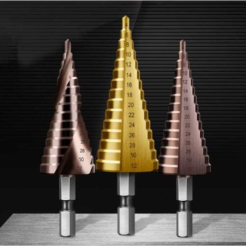 UCHEER HSS Titanium Step Drill Bits For Metal Wood Hex Shank Stepped Bit 3-12/4-12/4-20/4-32 Carpenter Tools Auger Center Drill