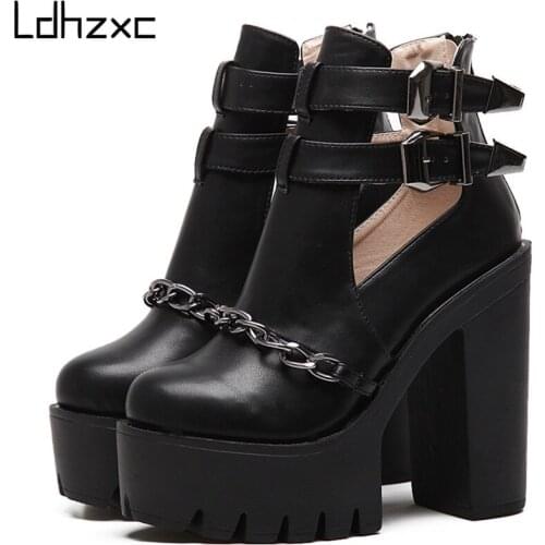LDHZXC Spring Autumn Fashion Ankle Boots For Women High Heels Casual Cut-outs Buckle Round Toe Chain Thick Heels Platform Shoes