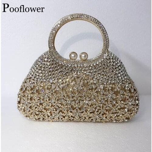 Pooflower carteras de fiesta Diamonds Evening Bag Women Hollow Out Rhinestone Wedding Party Clutch Purse Silver Handbag ZH430