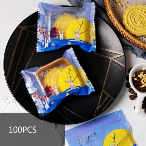 100Pcs Moon Cake Plastic Packaging Bags Chinese Mid-Autumn Festival Moon Tower Rabbit Print Snacks Cookie Candy Hot Seal DIY