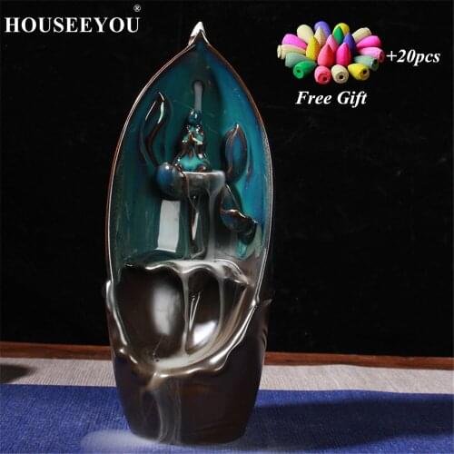 20pcs Incense Cones + Buddha Green Glaze Ceramic Backflow Incense Burner Zen Buddhist Waterfall Incense Holder Home Decor Crafts