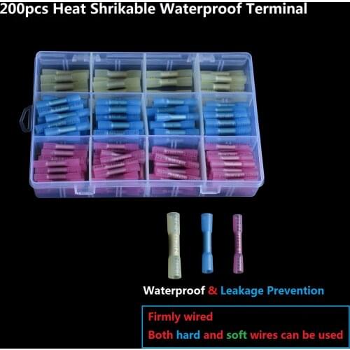 200PCS Insulated Heat Shrink Terminal AWG 22-10 Butt Electrical Splice Wire Connectors Cable Crimp Assorted With Box Red Blue