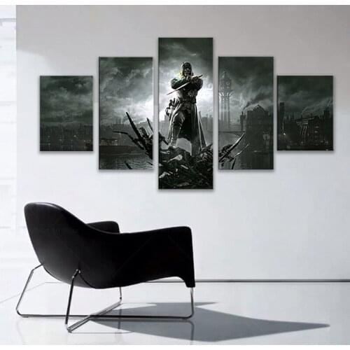 5pcs Dishonored Video Game Poster Art Canvas Paintings for Home Decor Wall Art ,FRAME For Living Room Boy Bedroom Wall Decor