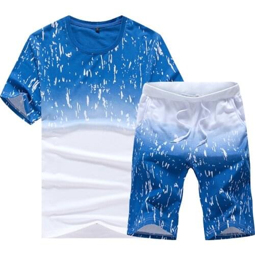 Summer Gradient Color Spots Two Piece Short Sleeve Man T-shirt Suit Casual Outdoor Sports Hiking Jogging T Shirt Shorts Men Set