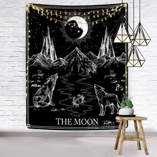 Hexagram Aesthetic Tarot Card Black And White gothic Wolf And Moon Wall Tapestry For Dorm Room Decorations