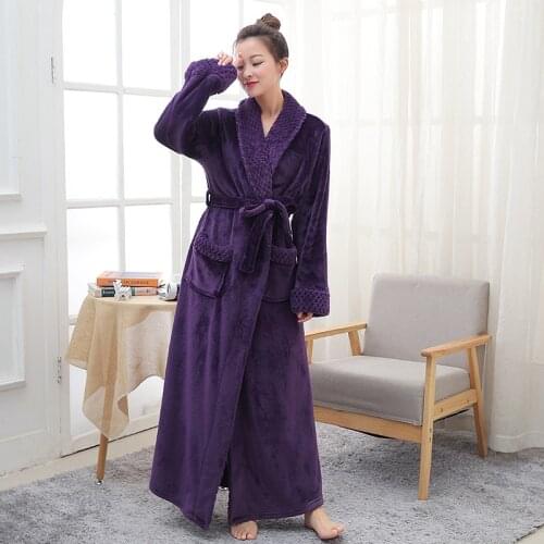 Winter Thick Nightgown Womens Solid Terry Long Sleeve Ladies Bathrobe Pockets Warm Flannel V Neck Loose Bath Robes for Couple