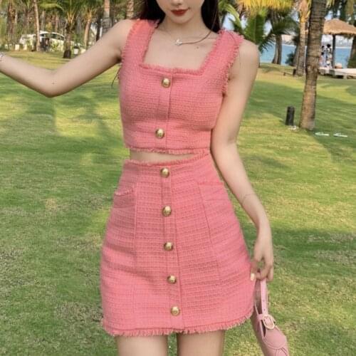 Summer Clothes For Women Tweed Two Piece Set Sleeveless Vest Crop Tops Shorts Skirt Suit Female Elegant 2 Piece Set Women 2021