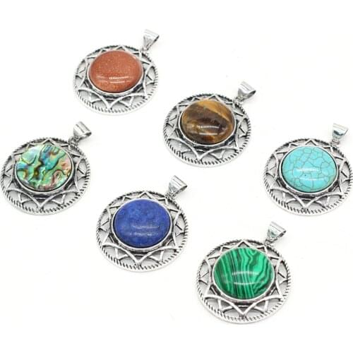1pcs Natural Stone Agates Round Malachite Lapis Lazuli Tiger Eye Pendant for Necklace Jewelry Making DIY Women Gift Size 40x40mm