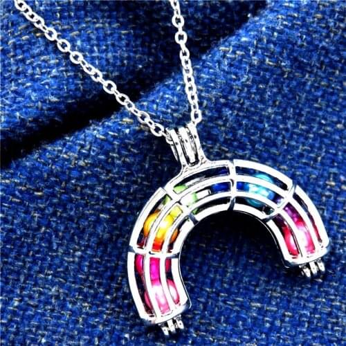 KZ406 Rainbow Beads Cage Aroma Locket Necklace Mixed Colord Beads Inner Cage Necklaces Essential Oil Diffuser Jewelry