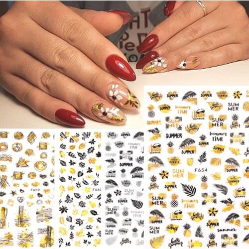 1pcs Summer design 3D nail stickers laser gold white black laser leaf flower pattern shiny DIY decorative slider nail art decals