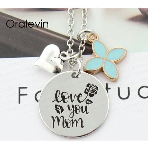 LOVE YOU MOM Inspirational Stamped Hand Engraved Accessories Pendant Necklace for women Gift Jewelry,10Pcs/Lot, #LN882