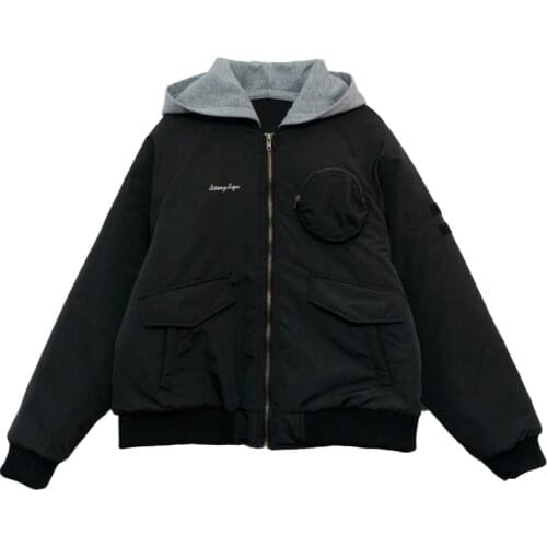 Winter New Cartoon Embroidery Jacket Color Matching Hooded Baseball Uniform Jacket Couple Cotton Coat Womens Cotton Jacket