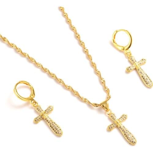 Senior New african Jewelry Sets Fine18 k yellow G/F gold crystal Cross white inlay CZ Pendant Necklace For Women Chain girls