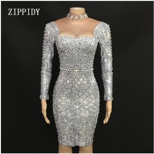 2019 Sparkly Pearl Rhinestone Gray Dress Fashion Long Sleeves Skinny Prom Nude Stretch Dress Singer Birthday Celebrate Dresses