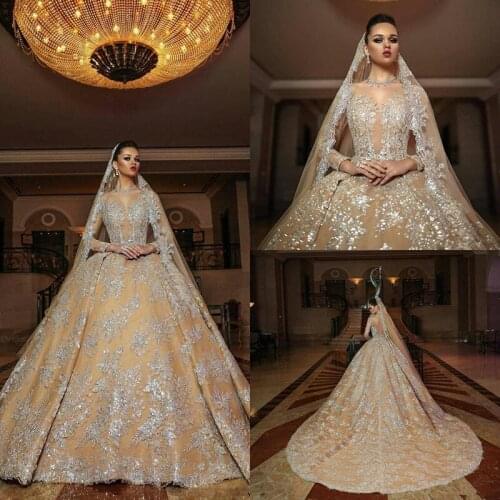 Arabia Long Sleeves Luxurious Wedding Dresses 2020 Jewel Sweep Train Tulle Champagne Lace Sequined Vintage Wedding Gowns Custom