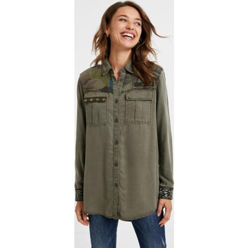 Spain Desigual foreign trade tail single splicing khaki long shirt