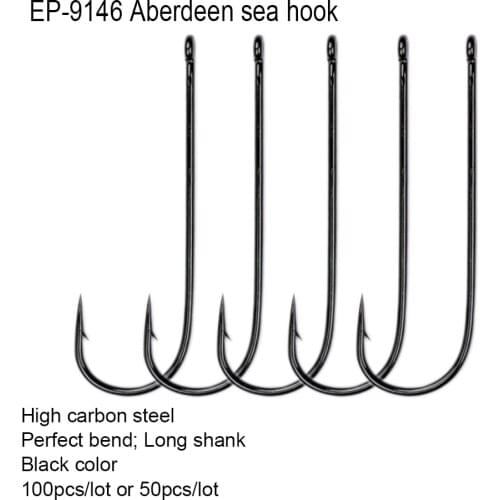 Eupheng 100pcs Or 50pcs EP-9146 Aberdeen Sea Long Shank Sports Fishing Hook Black Color Fish Hooks Wide Gape Fishing Hook