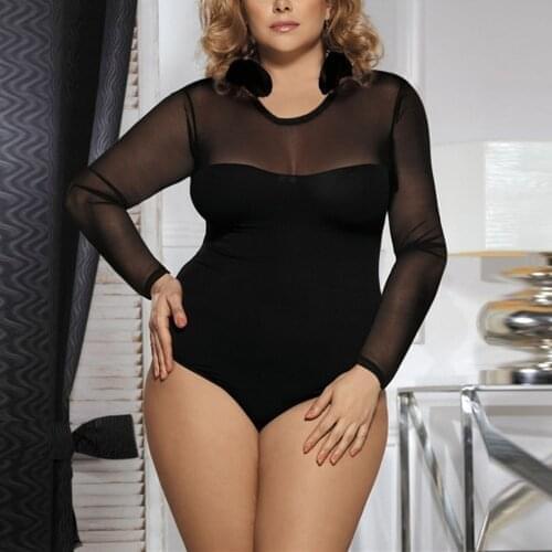S-5XL Plus Size Erotic Costumes Porn Long Sleeve Sexy Lingerie One-Piece Sheer Mesh Bodysuit See Through Fashion Women Underwear