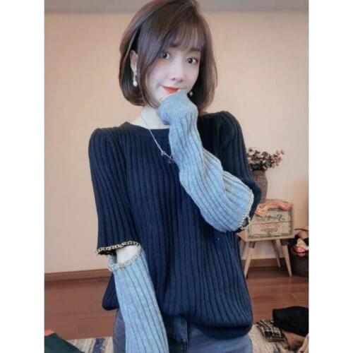 2021 Spring New Fashion Heavy Industry Chain Hollowed Out Color Matching Sweater Loose And Versatile Long Sleeve Top