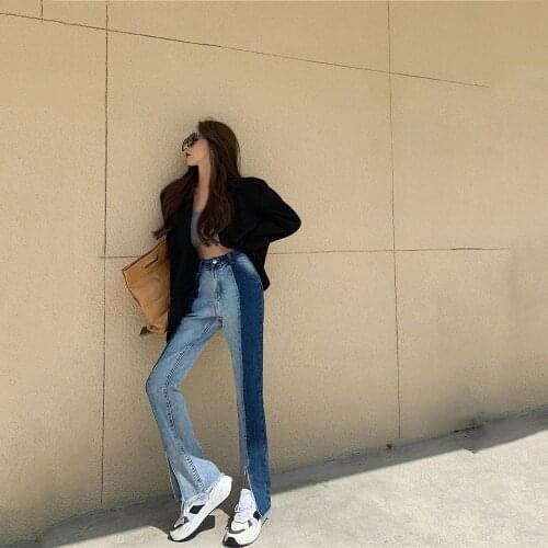 Autumn And Winter 2021 Women Jeans Stitching Slit High Waist Pant Harajuku Skinny Gradient Color Special Design Ladies Trousers