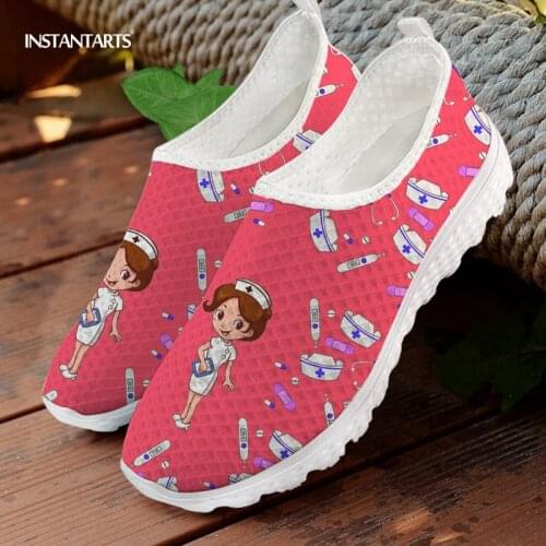 INSTANTARTS Women Flats Shoes Sliip On Pink cute cartoon Nurse Printing Casual Running Walking Sneakers Breathable Girls Shoes