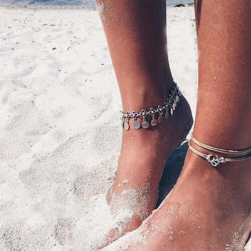 3 Pcs/ Set Personality Flower Wafer Yoga Om Leather Pendant Multilayer Anklets Female Exquisite Fashion Jewelry Gift