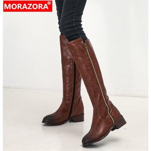 MORAZORA 2020 big size 34-48 knee high boots women zipper round toe square heels platform shoes autumn winter boots female