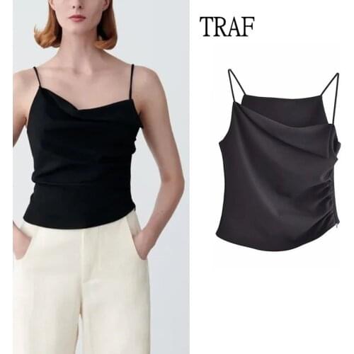 TRAF Sexy Top Women Za 2021 Summer Black Ruched Halter Off Shoulder Women Tops Chic Womens Clothing Fashion Woman Blouses Vest