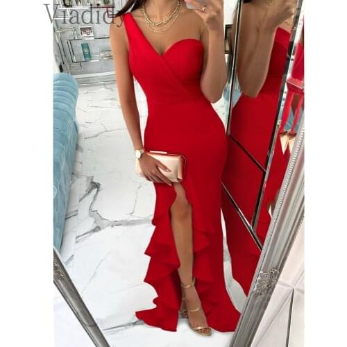 Women Elegant Solid Color One Shoulder Ruffle Design Bodycon Split Party Mermaid Dress