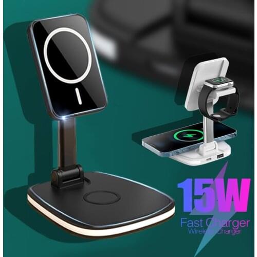 3 in 1 Magnetic Wireless Charger Holder 15W Qi Fast Charging Smart Phone Stand For Apple Airpods Watch 6 5 For iPhone 12 Pro Max