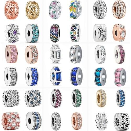 Sparkling Clip Beads Colorful Zircon Fit Original Pandora Charm Silver Color Bracelet Bangle For Women DIY Jewelry Gifts Custom