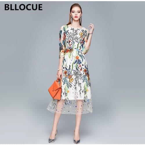 BLLOCUE New Autumn Elegant Flower Embroidery Party Dress Women 3/4 Sleeve Slim Waist Vintage Mesh Runway Dresses