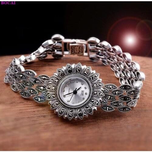 BOCAI 100% sterling silver 925 womens bracelet Classic Thai silver sunflower hand chain jewelry Pure Argentum watchband watch