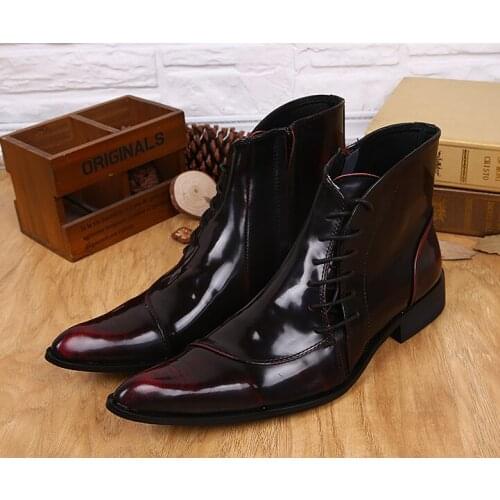 Pointed toes men new fashion boots male breathable lace up ankle boots male spring autumn red leather shoes free shipping
