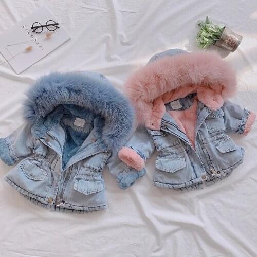 Baby Girls' Jackets Plus Velvet Thicken Warm Childrens Winter Coat Big Fur Collar Girl Denim Outerwear Long Outfit Kids Clothes