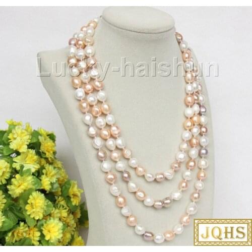 Long natural 157cm 12mm baroque white pink purple pearls necklace j10014