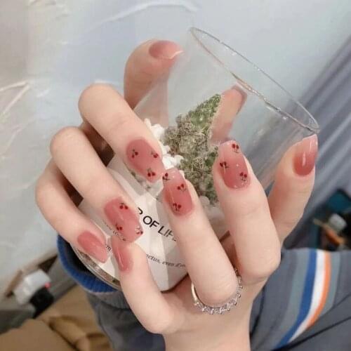 24pcs/Set Cute Cherry Pattern False Nails Square Head Nude Pink Artificial Nail Art with Glue Beauty Short Full Fingernail Tips