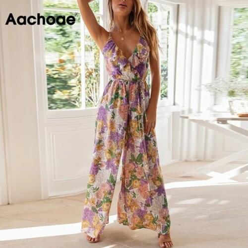 Aachoae Sexy Deep V Neck Boho Floral Print Jumpsuits With Belt Sleeveless Backless Beach Playsuits Ruffles Summer Long Jumps