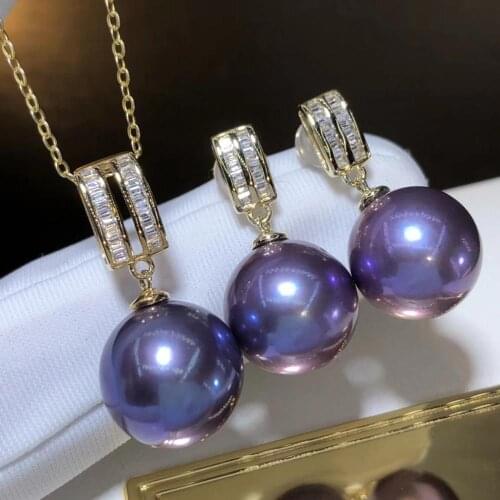 D421 Pearl Set Fine Jewelry Solid 14K Gold Round 9-13mm Natural Fresh Water Purple Pearls Jewelry Sets for Women Presents