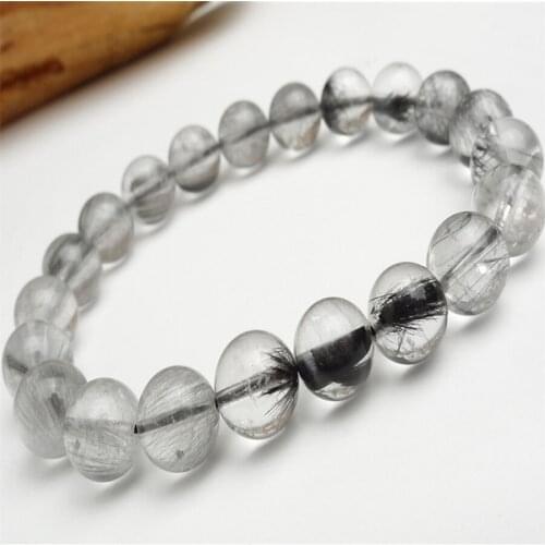 9mm Brazilian Natural Genuine Grey Needle Hair Rutilated Quartz Crystal Round Beads Fashion Jewelry Charm Stretch Bracelet