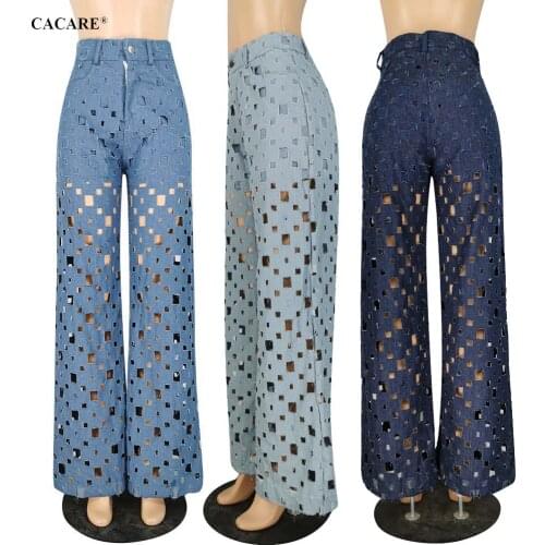 Fashion Ripped Jeans Pants Women 2020 Summer High Waisted with Hollow Outs Wide Leg Ladies Jeans Femme Denim F2979 CACARE