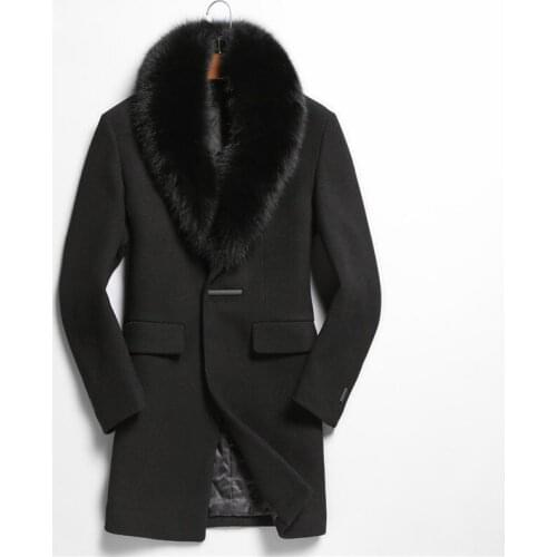 Autumn Winter Jacket Men Top Qulity Wool Coat 100%Real Fox Fur Collar Overcoat Abrigo De Lana Hombre M2988 MF629