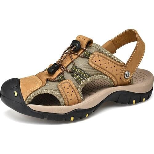 Mens Summer Closed Toe Wading Sandals Hiking Sport Casual Leather Beach Shoes Summer Waterproof Plus Size 38-47 New 2021